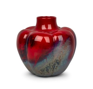 ROYAL DOULTON "Sung" flambe pumpkin shaped vase by Noke and Moore, black factory mark to base, 18cm high.