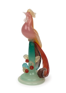 SEGUSO Murano coloured glass bird statue, mid 20th century, bearing original red foil label, ​​​​​​​34cm high.
