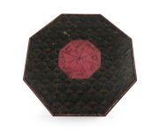 H. W. BROUGHTON of MELBOURNE rare Colonial Australian octagonal trinket box, circa 1850, bearing original paper label "R. W. Broughton, Fancy Cabinet Maker, Melbourne", with original blue paper lining and handwritten manuscript key of the timber veneers " - 3