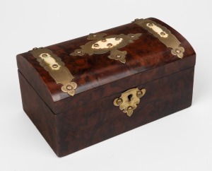 Antique English walnut dome top casket decorated in the Gothic style with engraved brass and carved bone decoration, interior fitted in later plush fabric, circa 1860, 10cm high, 20cm wide, 12cm deep.