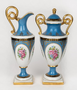 Vintage Bavarian blue and gilt floral porcelain mantle urn and ewer, 20th century, (2 items), 34cm and 33cm high.