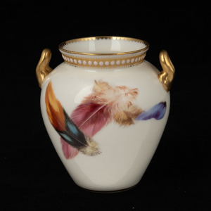 ROYAL WORCESTER antique English miniature porcelain vase, beautifully decorated with hand-painted feather design, green factory mark to base, 8.5cm high.