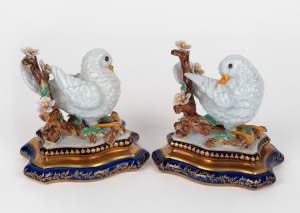 SEVRES pair of vintage French porcelain dove ornaments, mid 20th century, blue factory mark to base with inscription in French, 13cm high.
