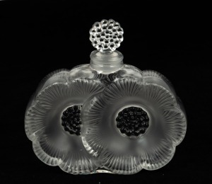 LALIQUE "Deux Fleurs" French Art Deco glass perfume bottle, acid etched "LALIQUE FRANCE", 9cm high.