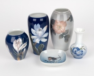 ROYAL COPENHAGEN and BING & GRONDAHL Danish porcelain vases and dish, 20th century, (5 items), factory mark to base, the largest 17.5cm high.