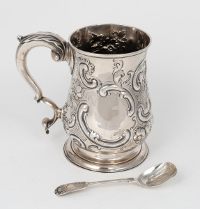 A Georgian sterling silver tankard with repousse decoration, made in London, circa 1779; together with a Georgian sterling silver spoon, (2 items), ​​​​​​​the tankard 15cm high, 580 grams total.