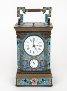 A vintage cloisonne enamel decorated carriage clock with push repeat and alarm subsidiary dial, 20th century, 21cm high overall.