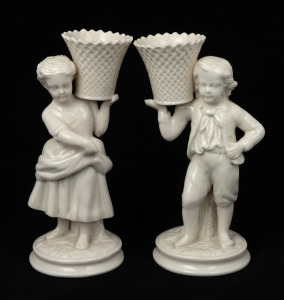 BELLEEK pair of Irish porcelain figural candlesticks, green factory mark to base, ​​​​​​​21cm high.