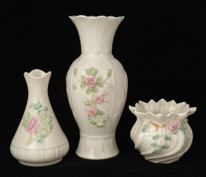BELLEEK three Irish porcelain vases with applied floral decoration, green, brown and 140 year anniversary blue factory marks to the bases, ​​​​​​the largest 27.5cm high.
