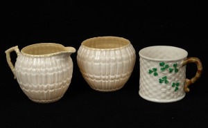 BELLEEK Irish porcelain teacup, sugar basin and milk jug, (3 items), black factory marks to the bases, ​​​​​​the jug 8.5cm high.