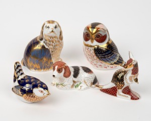 ROYAL CROWN DERBY kangaroo, owl, finch, and two dog statues, (5 items), the largest 10cm high.