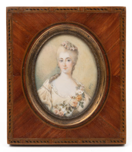 An antique French miniature portrait of a lady, hand-painted on ivory and housed in an attractive inlaid timber frame, late 19th century, 11 x 9.5cm.