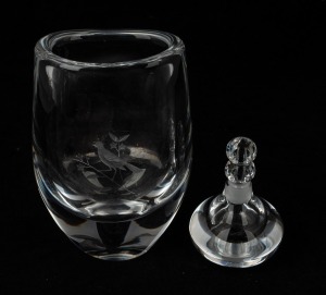 ORREFORS vintage Swedish glass vase with engraved bird decoration, together with an ORREFORS perfume bottle, 20th century, (2 items), ​​​​​​​the vase 13.5cm high.