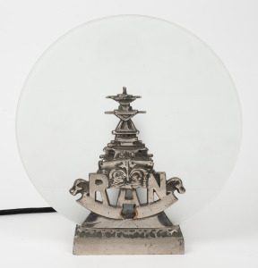 R.A.N. (ROYAL AUSTRALIAN NAVY) nickel plated battleship table lamp with frosted glass disc shade, mid 20th century, ​​​​​​​26cm high.