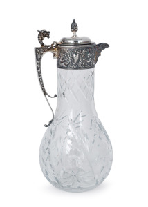 An English sterling silver mounted cut crystal claret jug with griffin handle, 20th century, 32cm high.
