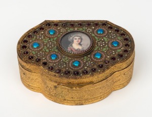 An antique Bohemian gilt metal trinket box, adorned with hand-painted miniature portrait of a lady on ivory, studded with rhinestones and finished in enamel, early 20th century, 10cm wide.