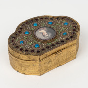 An antique Bohemian gilt metal trinket box, adorned with hand-painted miniature portrait of a lady on ivory, studded with rhinestones and finished in enamel, early 20th century, 10cm wide. - 3