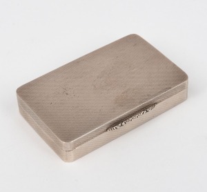 An antique English sterling silver snuff box with engine turned engraved decoration and original gilt wash interior, 19th century, 9cm wide, 107 grams.