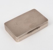 An antique English sterling silver snuff box with engine turned engraved decoration and original gilt wash interior, 19th century, 9cm wide, 107 grams.