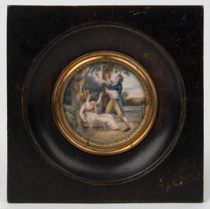 An antique hand-painted miniature scene of a family picking apples in a garden, 19th century, signed lower right (illegible), 5cm diameter, 11 x 11cm overall.