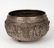A vintage Burmese silver plate on copper bowl with ornate repousse decoration, 20th century, 15cm high, 24cm wide. - 2