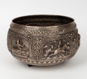 A vintage Burmese silver plate on copper bowl with ornate repousse decoration, 20th century, 15cm high, 24cm wide. - 3