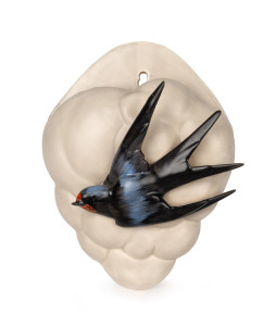 CLARICE CLIFF rare porcelain wall pocket in the form of clouds with applied swallow decoration, circa 1936, stamped "Clarice Cliff, Newport Pottery Co. England", ​​​​​​​19.5cm high.