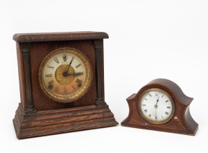 SESSIONS American oak mantle clock; together with a mahogany veneered table clock, 20th century, (2 items), A/F, the larger 26cm high.