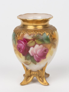 ROYAL WORCESTER English porcelain miniature vase with hand-painted rose decoration and gilded highlights, signed "M. Hunt", puce factory mark to base, ​​​​​​​9.5cm high.