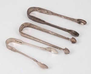 Three antique sterling silver sugar tongs, Irish, Channel Islands and English, ​​​​​​​the largest 14cm long, 114 grams total.