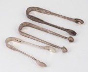 Three antique sterling silver sugar tongs, Irish, Channel Islands and English, ​​​​​​​the largest 14cm long, 114 grams total.