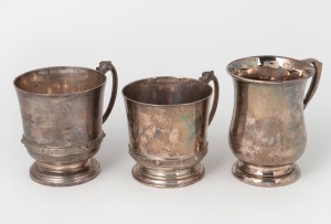 Three sterling silver christening mugs, including two attractive Celtic revival examples by Elkington & Co. the largest 8.5cm high, 405 grams total.