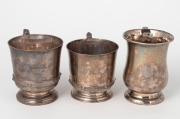 Three sterling silver christening mugs, including two attractive Celtic revival examples by Elkington & Co. the largest 8.5cm high, 405 grams total. - 2