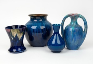 Four assorted blue glazed pottery vases including PIERREFONDS, DENBY, MOORCROFT (cut down), and an Italian baluster shaped example, 20th century, ​​​​​​​the largest 18cm high.