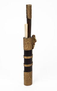 A Chinese travelling bone chopstick and knife set in original timber scabbard with gilt metal mounts adorned with dragon decoration, 20th century, 27cm high overall.