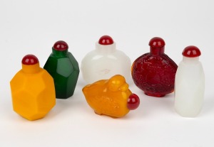 Six assorted Chinese coloured glass scent bottles, 20th century, ​​​​​​​the largest 8cm high.