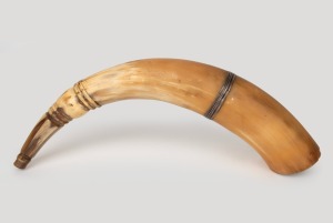 An antique powder horn with sterling silver collar, made in London, circa 1889, 39cm long.