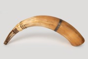 An antique powder horn with sterling silver collar, made in London, circa 1889, ​​​​​​​39cm long.