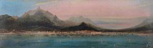 ARTIST UNKNOWN (bay scene with ships), gouache, monogram lower right (illegible), 15 x 45cm, 31 x 61cm overall.