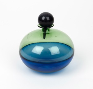 A two toned green and blue art glass bottle with stopper, engraved signature to base (illegible), 12cm high.