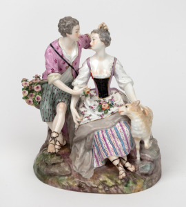 An antique Continental porcelain figural group, most likely SAMPSON in the Meissen style, 19th century, blue crossed swords mark to base, ​​​​​​​21cm high.