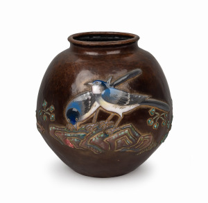 ANDO vintage Japanese bronze vase with Shippo enamel bird decoration, 20th century, seal mark and signature to base, ​​​​​​​20cm high.