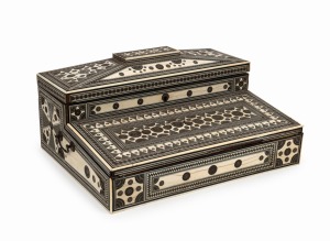 A rare antique Anglo-Indian sideli-ware portable writing desk slope, Gujerat, North Indian origin, early 19th century, ​​​​​​​17cm high, 39cm wide, 30cm deep when closed.