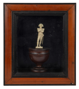 NAPOLEON BONAPARTE antique carved ivory statue, attractively displayed on a turned timber plinth in wall mount box framing, 19th century, ​​​​​​​36 x 31cm overall.