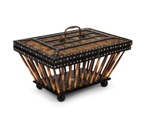 An antique Anglo-Indian birdcage box, porcupine quill, ebony, bone and ivory with brass swing handle, 19th century, 14cm high, 25cm wide, 18cm deep.