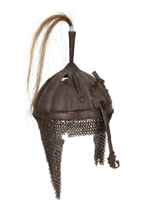 KULA KHUD antique Indo-Persian steel helmet with remains of gilt decoration, 17th/18th century.