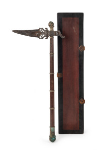 ZAGHNAL antique Indian armour piercing axe, cast steel with rosewood shaft and copper decoration, Bundi, Rajasthan, North India origin, 18th/19th century, housed in a later fitted box, ​​​​​​​60cm high.