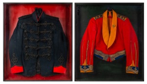RAMPUR STATE FORCES LANCERS' Officers mess jacket and winter dress tunic, North Indian origin, 19th century, each attractively framed and mounted for display, ​​​​​​​82 x 72cm each overall.