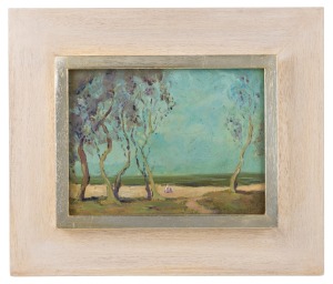 ARTIST UNKNOWN, (figures in landscape), oil on canvas, 14 x 19cm, 27 x 32cm overall.