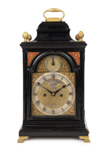 A Georgian spring table clock in ebonized bell-top case with break arch dial, strike silent subsidiary, recessed maker's plate "PAUL RIMBAULT, LONDON", date aperture above the "6" and silver chapter ring with Roman numerals and Arabic minute track. Fusee and bell striking movement with trip repeat, verge escapement and engraved border to the back plate, circa 1780, attractive small size 46cm high overall, dial 21 x 15cm.